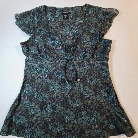 Calvin Klein Jeans Babydoll Blouse M Green Purple Floral V-Neck Tie Waist - Picture 2 of 10